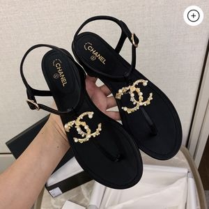 chanel 20c black lambskin gold pearl cc logo mule strap thong sandal flat